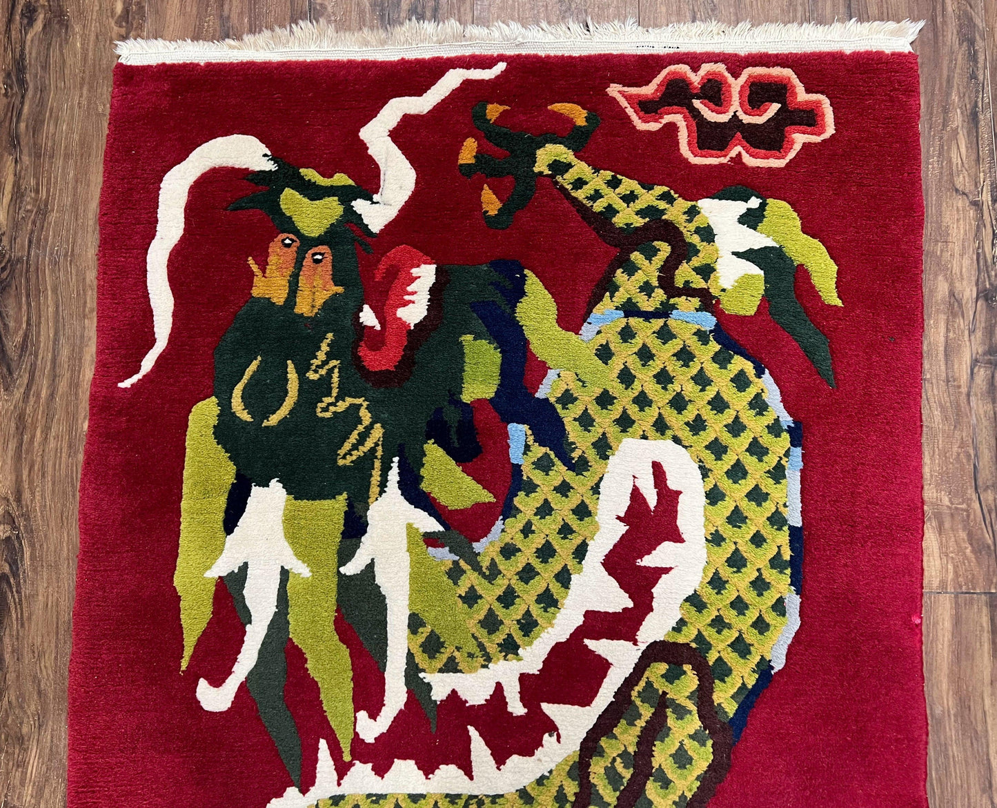 Vintage Chinese Dragon Rug 3 x 6.8, Handmade Hand Knotted Red Chinese Carpet with Gold Dragon, Art Deco Peking Soft Chinese Rug Runner