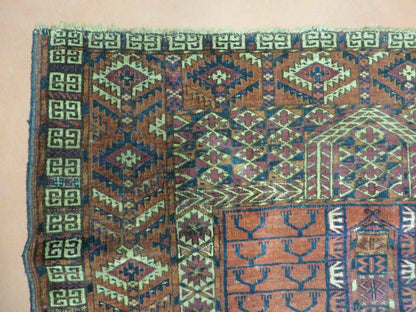 Turkoman Ensi Wool Rug Antique 4x5 Handwoven Nomadic Textile Art