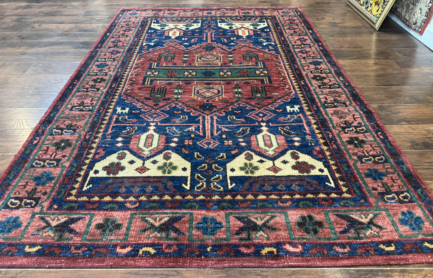 Heriz Rug Persian Tribal Design Hand Knotted Wool 6x9 Vintage