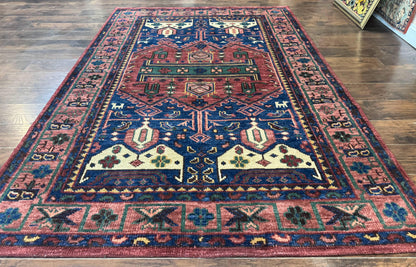 Heriz Rug Persian Tribal Design Hand Knotted Wool 6x9 Vintage