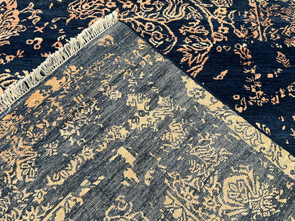 Handmade Wool Area Rug 8x10 Pakistani Oriental Blue and Gold Modern Living Room Decor