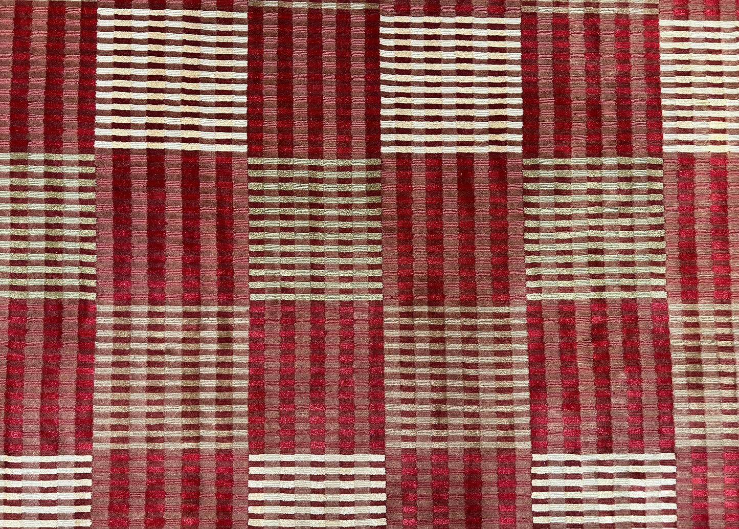 Modern Tibetan Rug 8x10, Hand Knotted Contemporary Nepali Carpet 8 x 10, Checkerboard Design, Red Cream Light Brown, Very Fine Wool & Silk