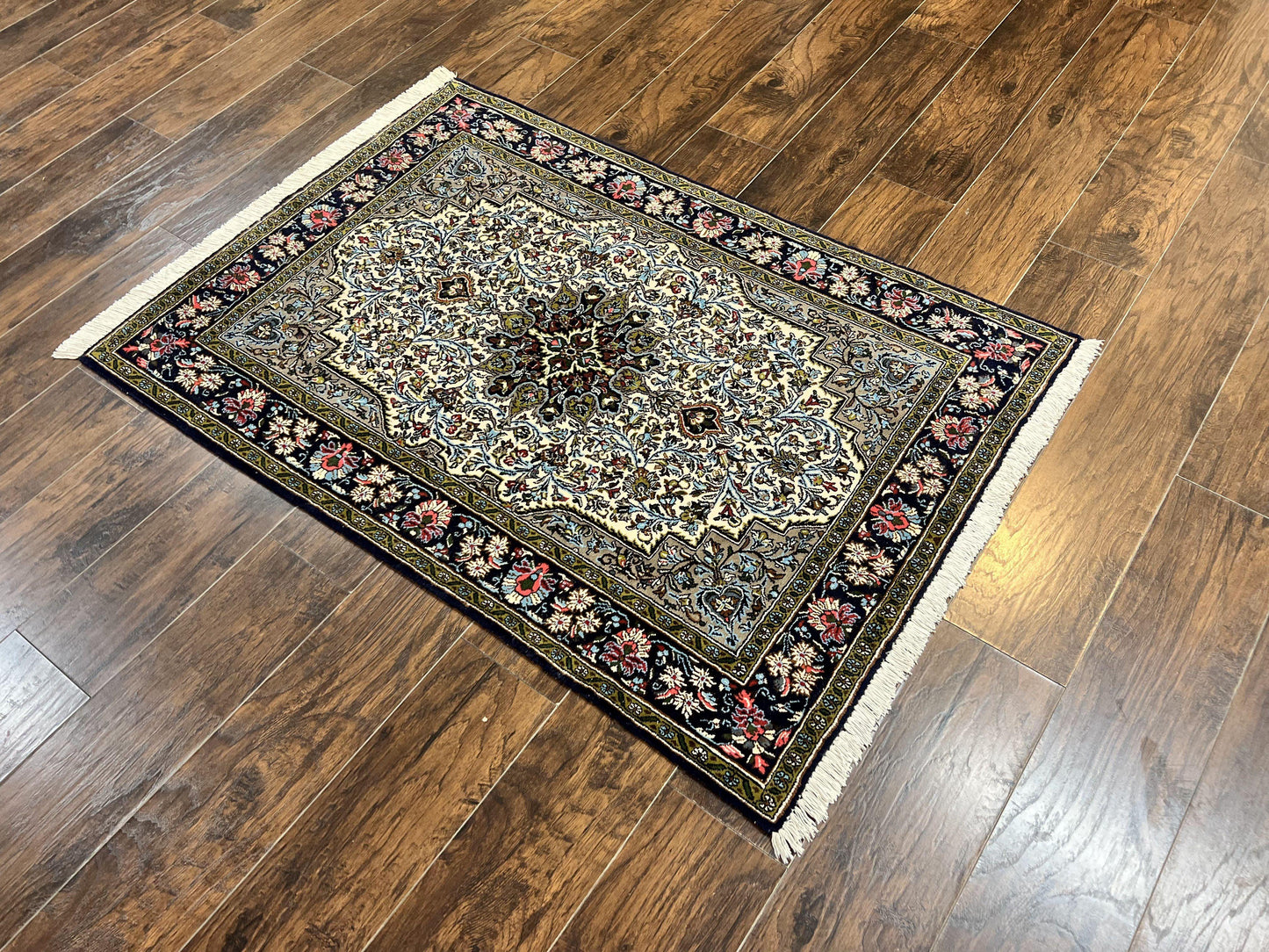 Persian Qum Rug 3x5, Wool with Silk Highlights, Handmade Semi Antique Carpet, Ivory & Navy Blue, Floral Medallion, Finely Hand Knotted