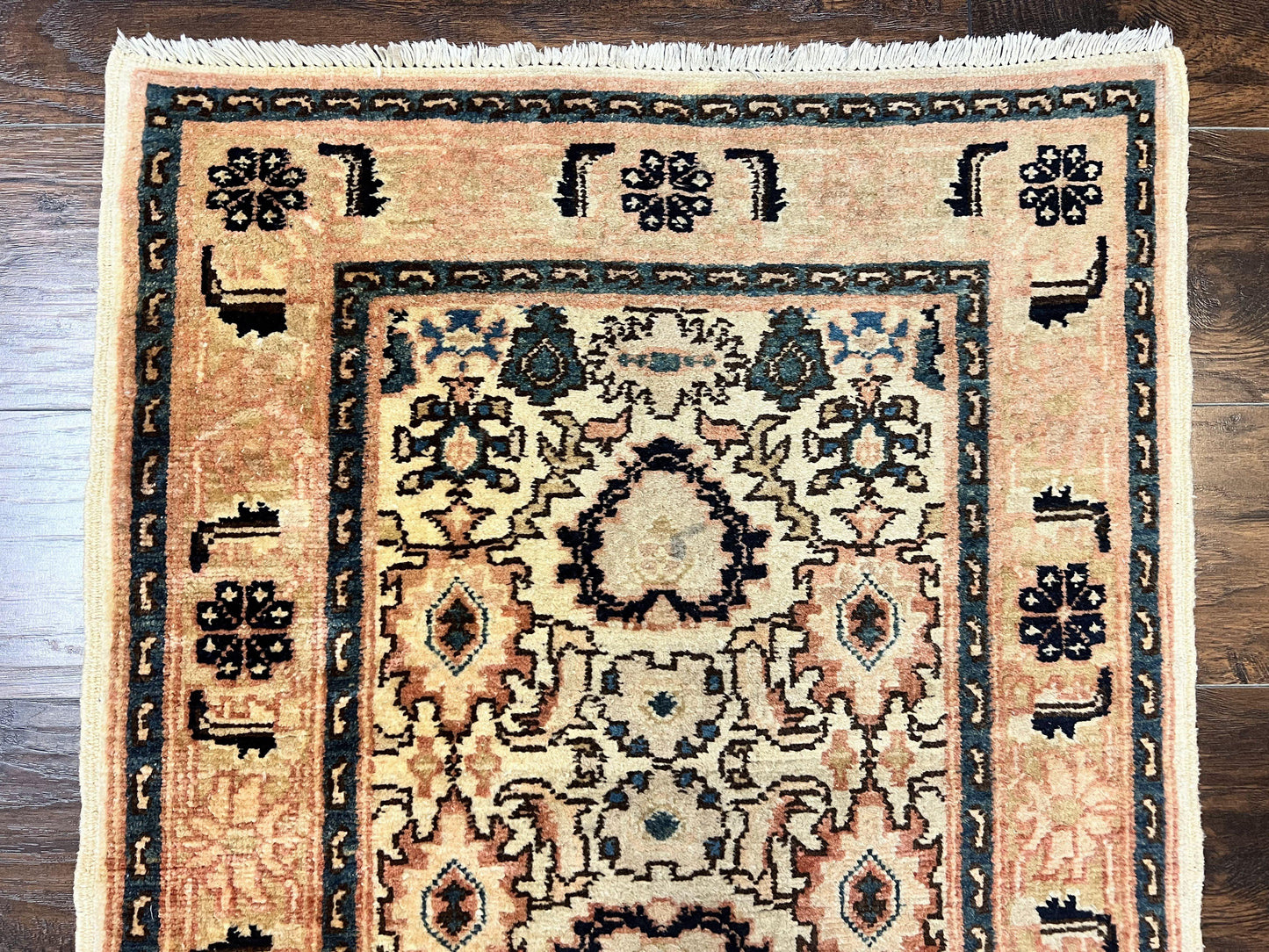 Romanian Runner Rug 2.6 x 12.9, Wool Handmade Hand Knotted Skinny Runner for Hallway, Floral Allover, Vintage Tan Runner