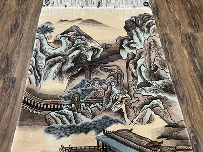 Silk Chinese Wall Hanging Rug 3x6 ft Tapestry, Pagoda Scene, Pictorial, High Quality Fine Hand Knotted Vintage, Asian Oriental Handmade Nice