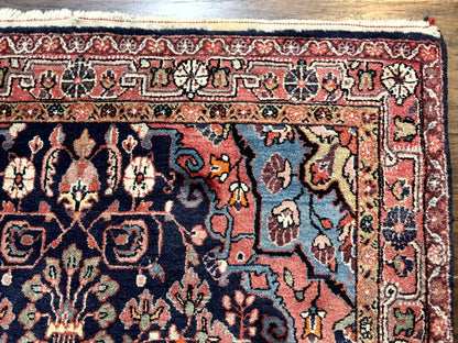 Persian Rug 3x5, Jozan Sarouk Rug, Navy Blue and Coral, Medallion Rug, Semi Antique