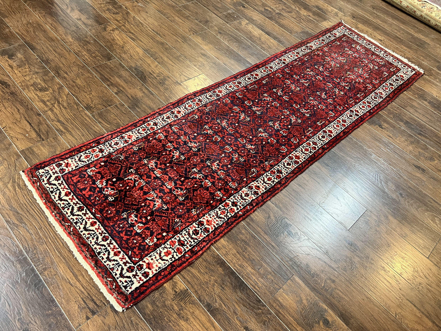 Persian Tribal Runner 3 x 9, Hamadan Dargazin Rug, Dark Blue and Red Wool Hand Knotted Hallway Rug, Vintage Antique Oriental Runner, 9ft Long Runner, Herati
