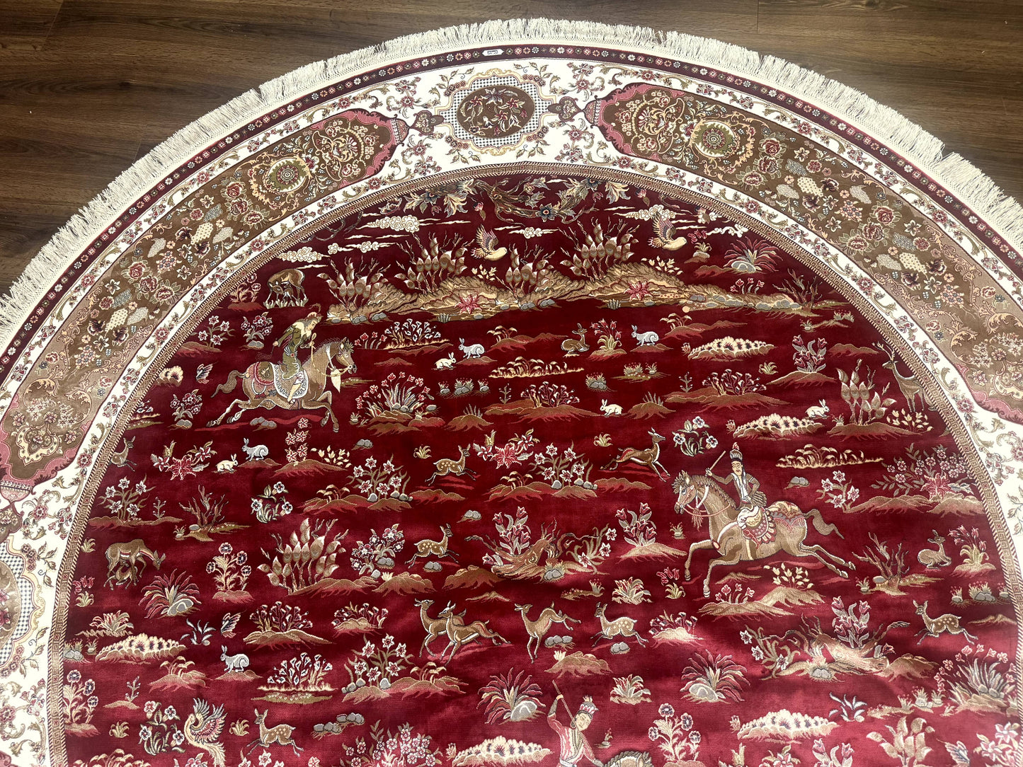 Turkish Silk Rug 8x8 Round Hunting Scene Bamboo Silk Dark Red Ivory