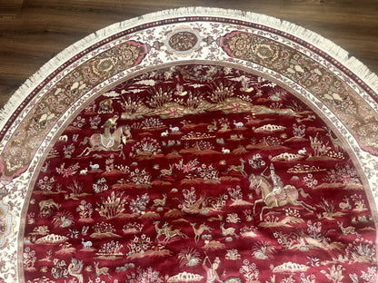 Turkish Silk Rug 8x8 Round Hunting Scene Bamboo Silk Dark Red Ivory