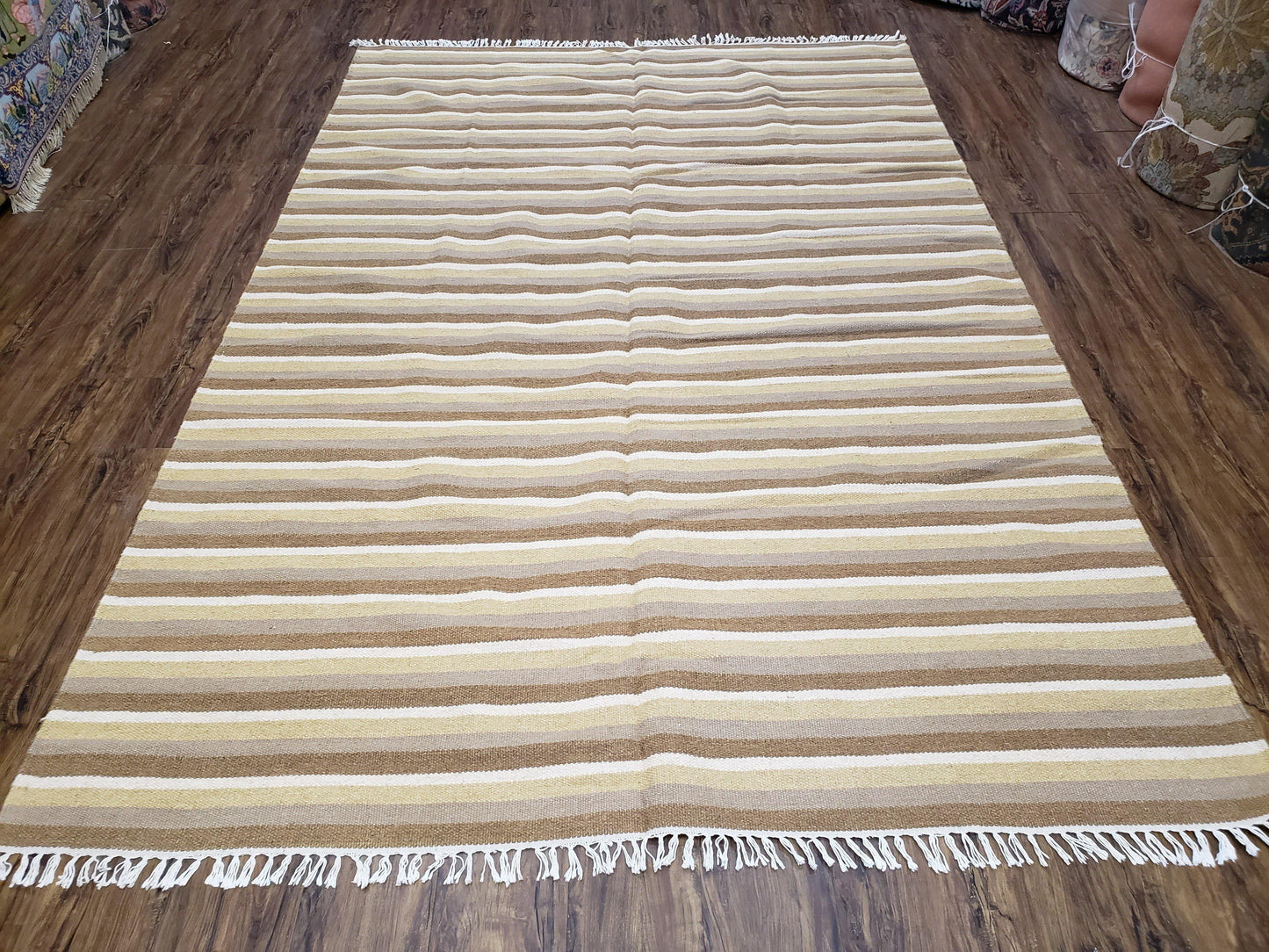 Indian Striped Blanket 6x9, Large Indo Kilim Area Rug, Earthern Tones Woolen Hand-Woven Flatweave South American Style Queen Size Bedspread