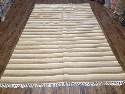 Indian Striped Blanket 6x9, Large Indo Kilim Area Rug, Earthern Tones Woolen Hand-Woven Flatweave South American Style Queen Size Bedspread