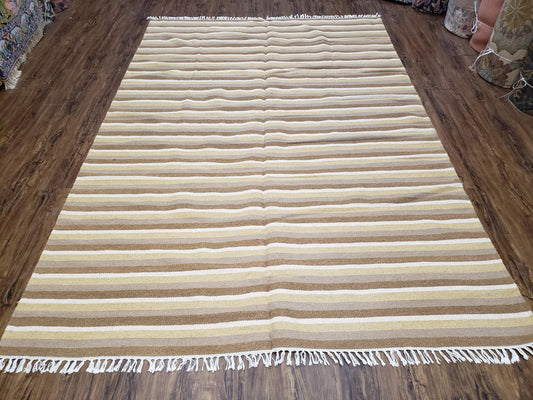 Indian Striped Blanket 6x9, Large Indo Kilim Area Rug, Earthern Tones Woolen Hand-Woven Flatweave South American Style Queen Size Bedspread