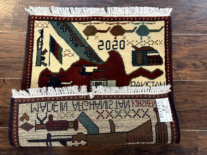 Afghan War Rug Hand Knotted Wool 2 X 2.6 Military Scene With Guns Tanks Helicopters