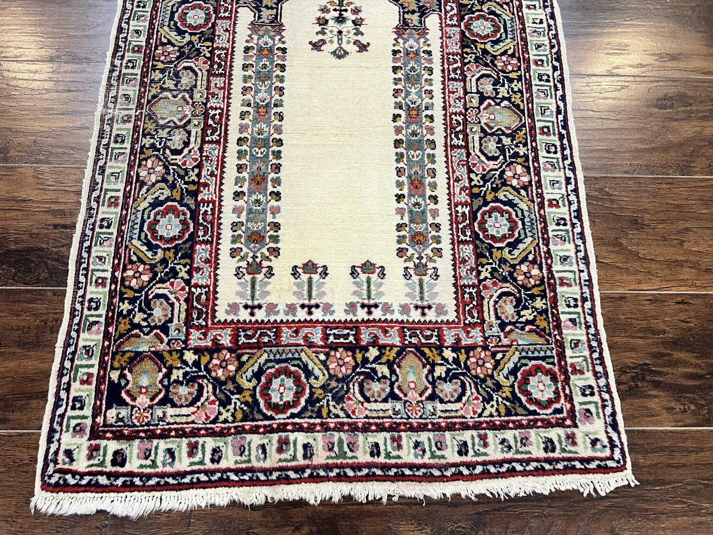 Turkish Prayer Rug Two Point Five By Four Vintage Wool Hand Knotted Ivory Carpet