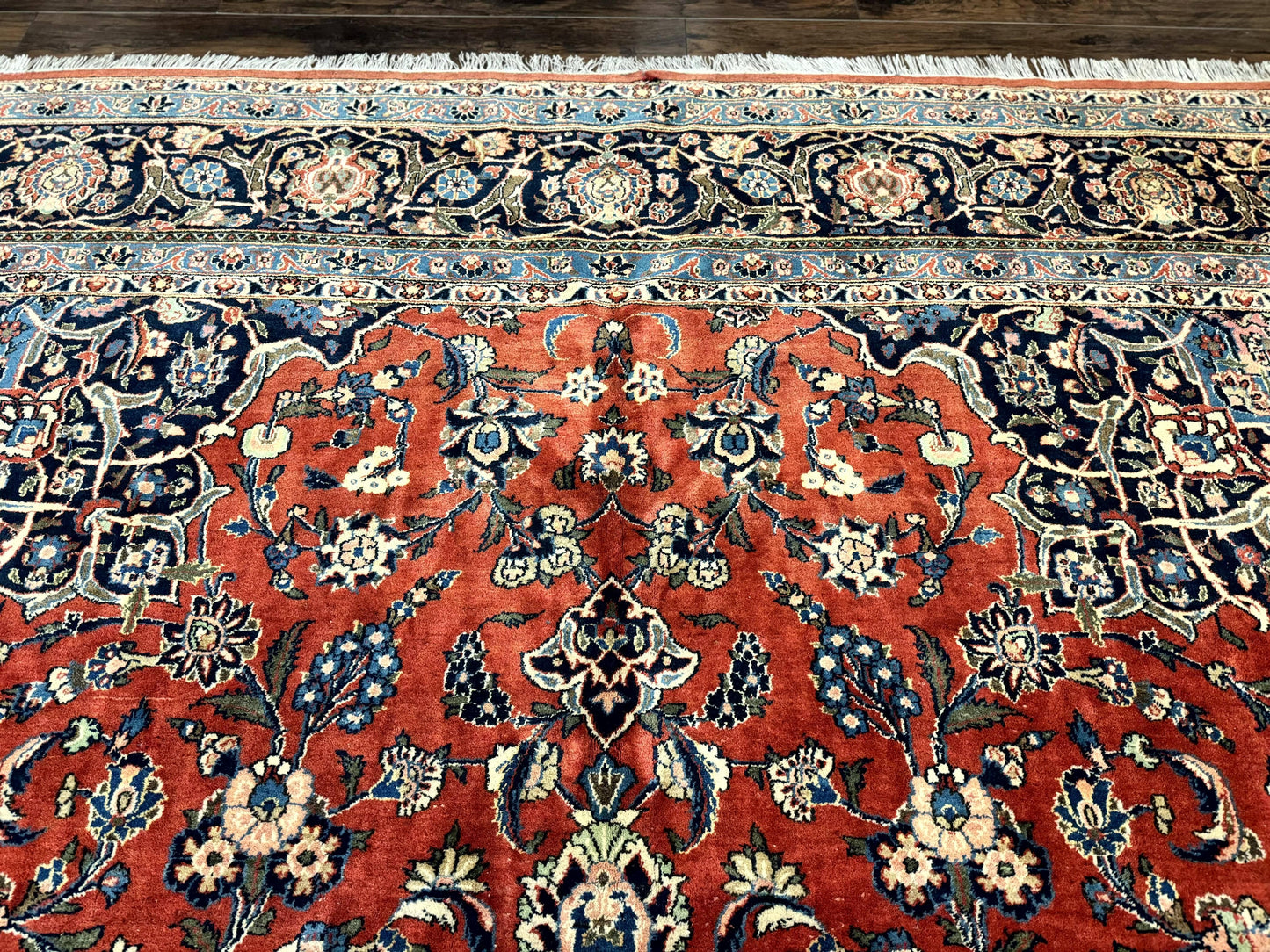 Red Persian Kashan Rug 10x14, Hand-Knotted Semi Antique Floral Medallion Handmade Wool Carpet, Red & Navy Blue