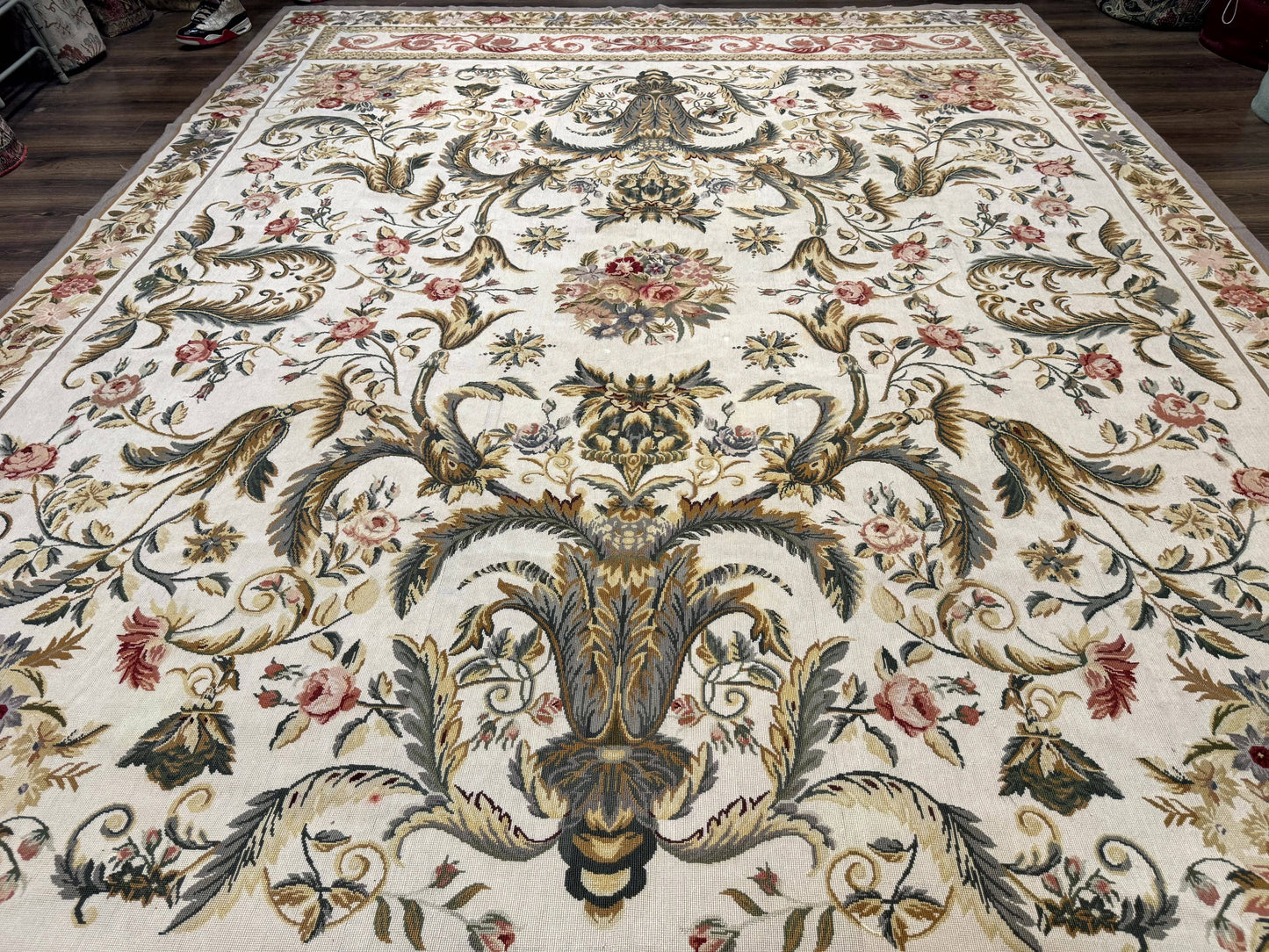 Aubusson Needlepoint Rug 10x14 Elegant European French Carpet Vintage Wool