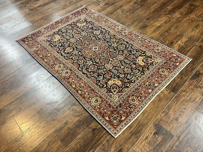 Persian Kashan Rug 4x7, Floral Medallion Vintage Handmade Hand Knotted Navy Blue & Red Wool Oriental Carpet, Highly Detailed Semi Antique Rug