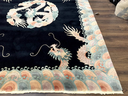 Black Chinese Wool Rug 8x10 Hand Knotted Dragons With Rainbow Borders