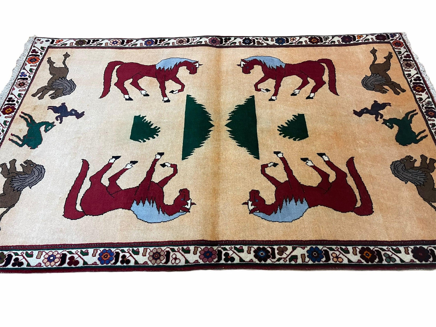 Handmade Wool Rug 4x6 Hand Knotted Tribal Horses Veggie Dyed