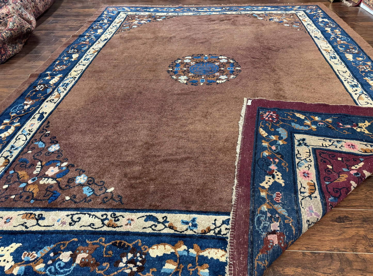 Antique Chinese Wool Rug 9x11 Large Peking Style Art Deco Open Field Fete Rug