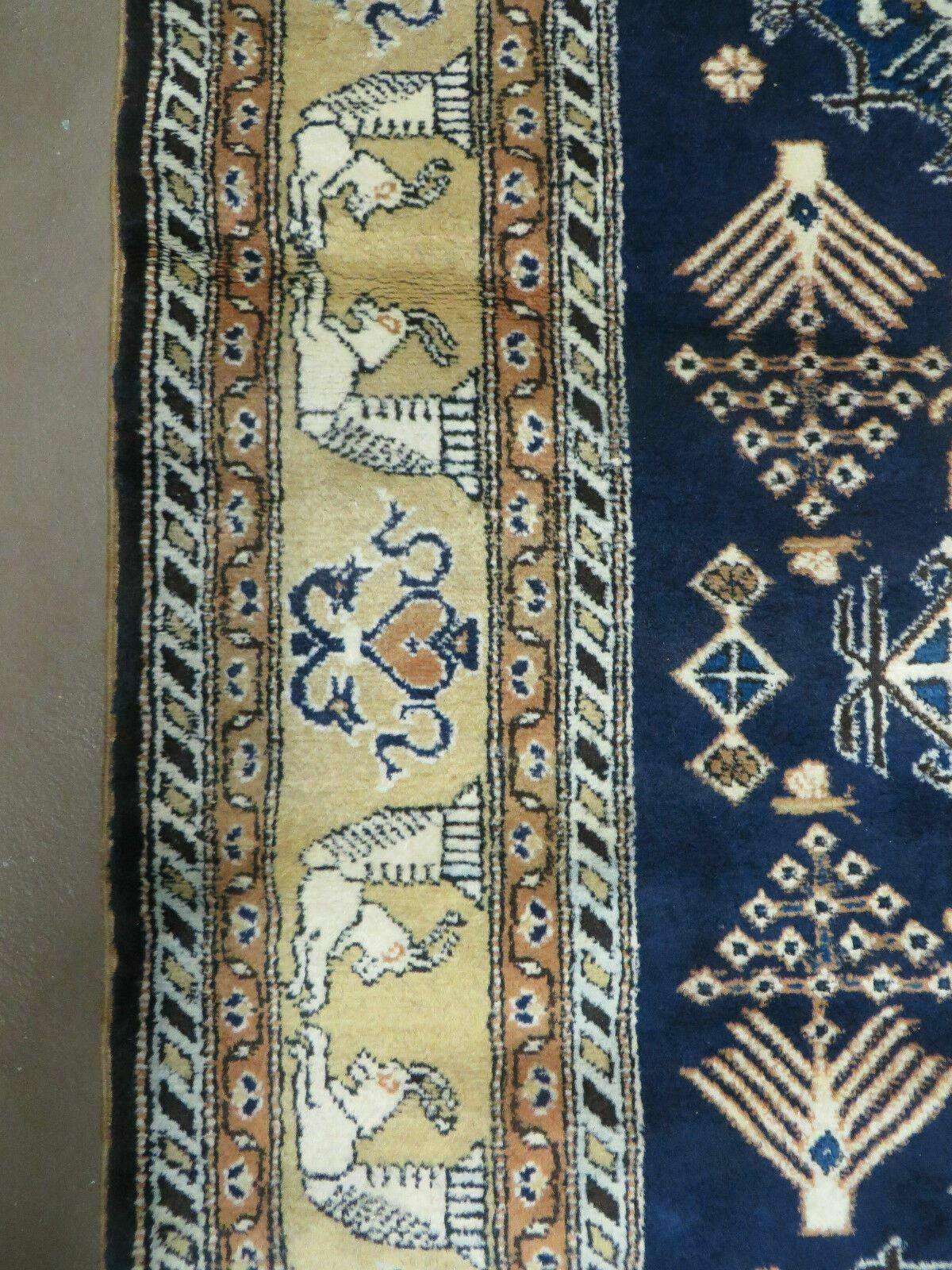 Persian Qum Rug Five Foot Six By Eight Foot Eight Navy Blue Vintage 1960s Cleaned