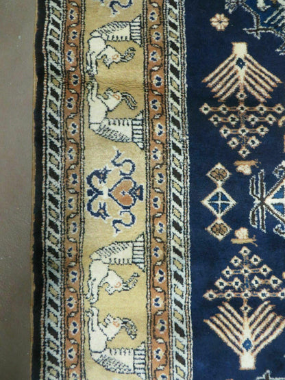 Persian Qum Rug Five Foot Six By Eight Foot Eight Navy Blue Vintage 1960s Cleaned