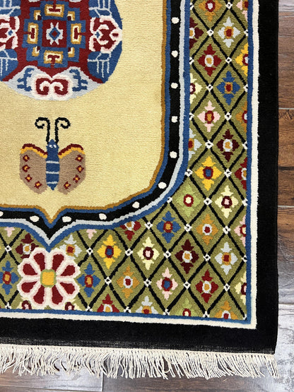 Chinese Wool Rug 3x6 Hand Knotted Vintage Peking Butterflies Art Deco