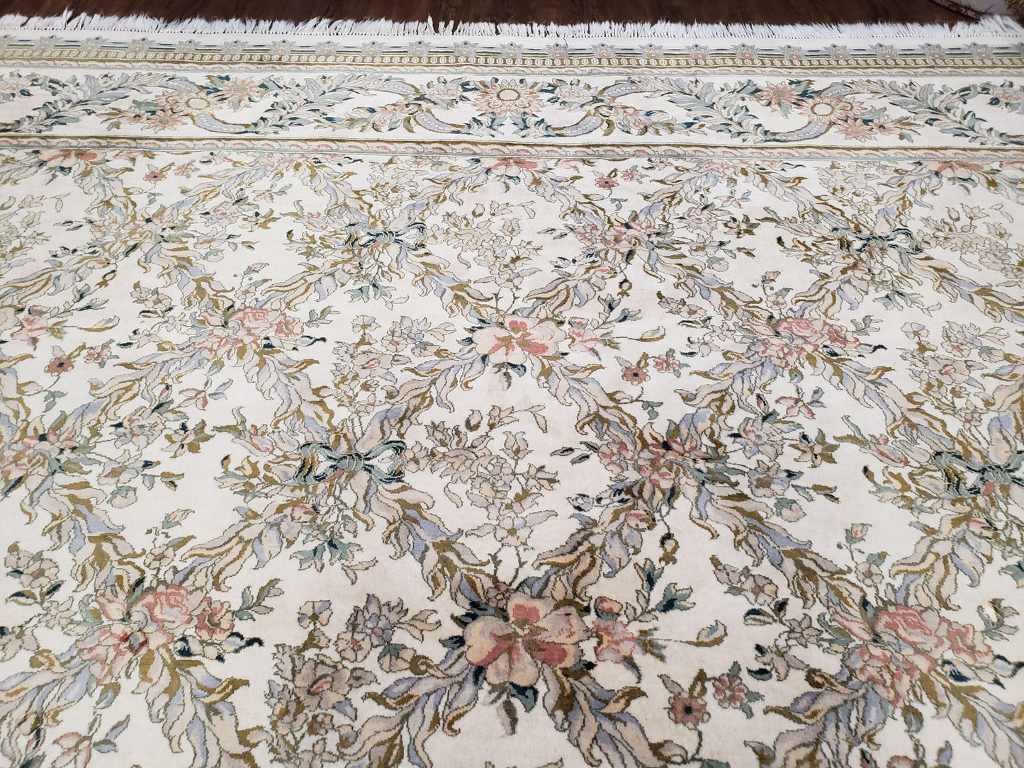 Pak Persian Floral Rug 11 x 12.6, Ivory, Very Fine, Hand Knotted