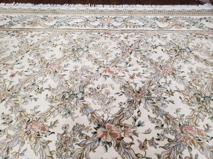 Pak Persian Floral Rug 11 x 12.6, Ivory, Very Fine, Hand Knotted
