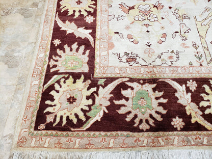 Beige and Maroon Peshawar Rug 10x15, Large Oushak Carpet, Pakistani Rug, Handmade Area Rug, Hand Knotted Rug, Living Room Rug, Nice Wool Rug
