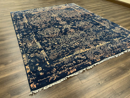 Handmade Wool Area Rug 8x10 Pakistani Oriental Blue and Gold Modern Living Room Decor