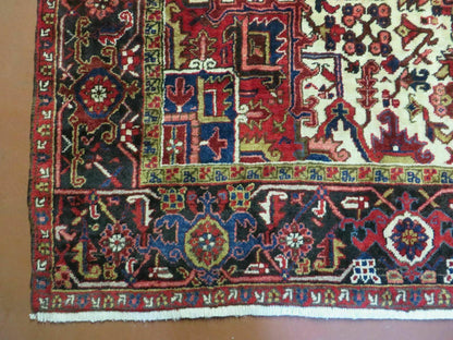 Persian Heriz Rug Hand Knotted Wool Red Ivory Dark Blue 8 Foot 6 Inch By 11 Foot Geometric Medallion Semi Antique