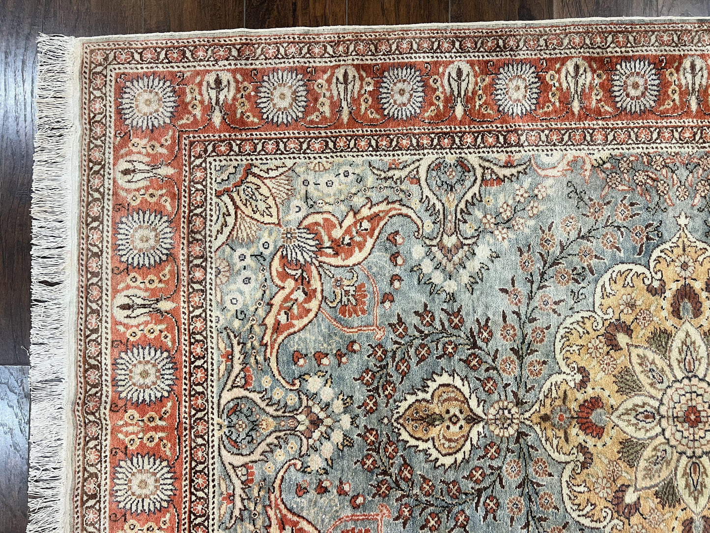 Silk Turkish Rug 5x7, Light Blue Silk Carpet, Floral Medallion, Turkish Kayseri Rug, Vintage Handmade Oriental Rug