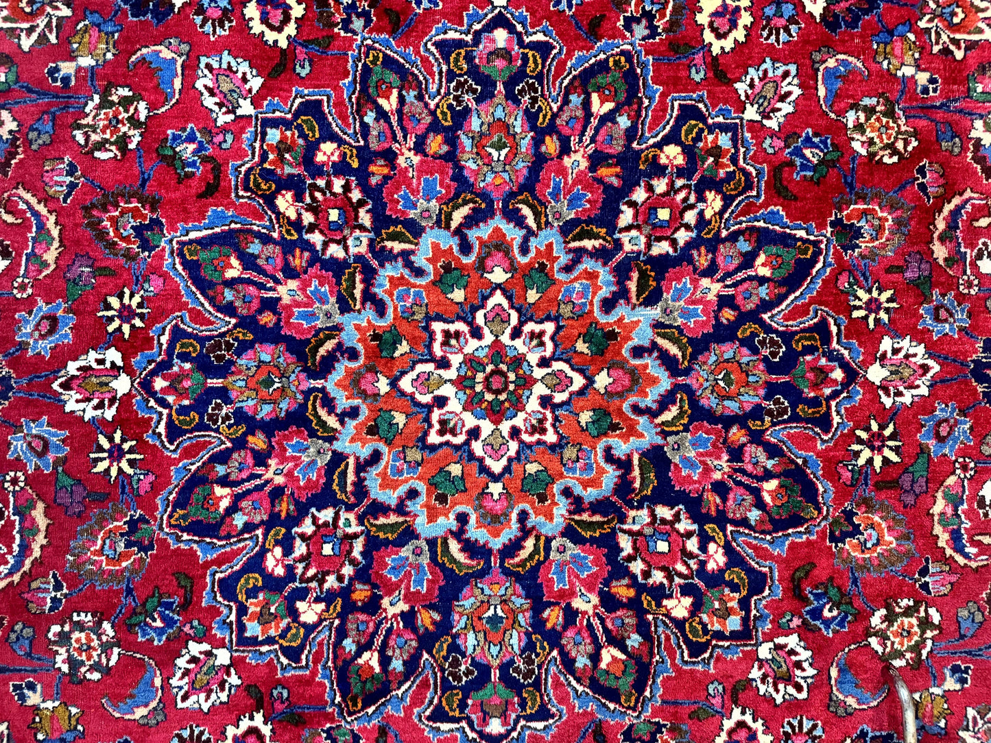 Antique Persian Mashad Rug 10x13, Red and Navy Blue, Great Colors, Signed By Masterweaver, Floral Medallion, Handmade Wool Persian Carpet