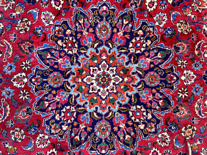 Antique Persian Mashad Rug 10x13, Red and Navy Blue, Great Colors, Signed By Masterweaver, Floral Medallion, Handmade Wool Persian Carpet