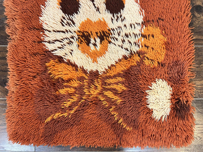 Rya Shag Rug 2x4, Rabbit in Top Hat, Wool, Orange, Vintage 1960s Danish Shag Rug