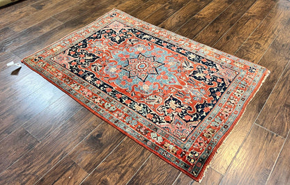 Persian Bidjar Rug 4x5 Hand Knotted Wool Carpet Red And Blue Antique