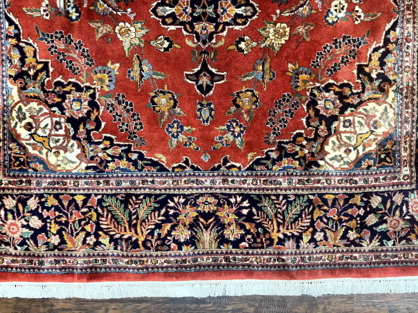 Indo Persian Rug 7x10 Vintage Handmade Wool Carpet Floral Medallion Red And Midnight Blue