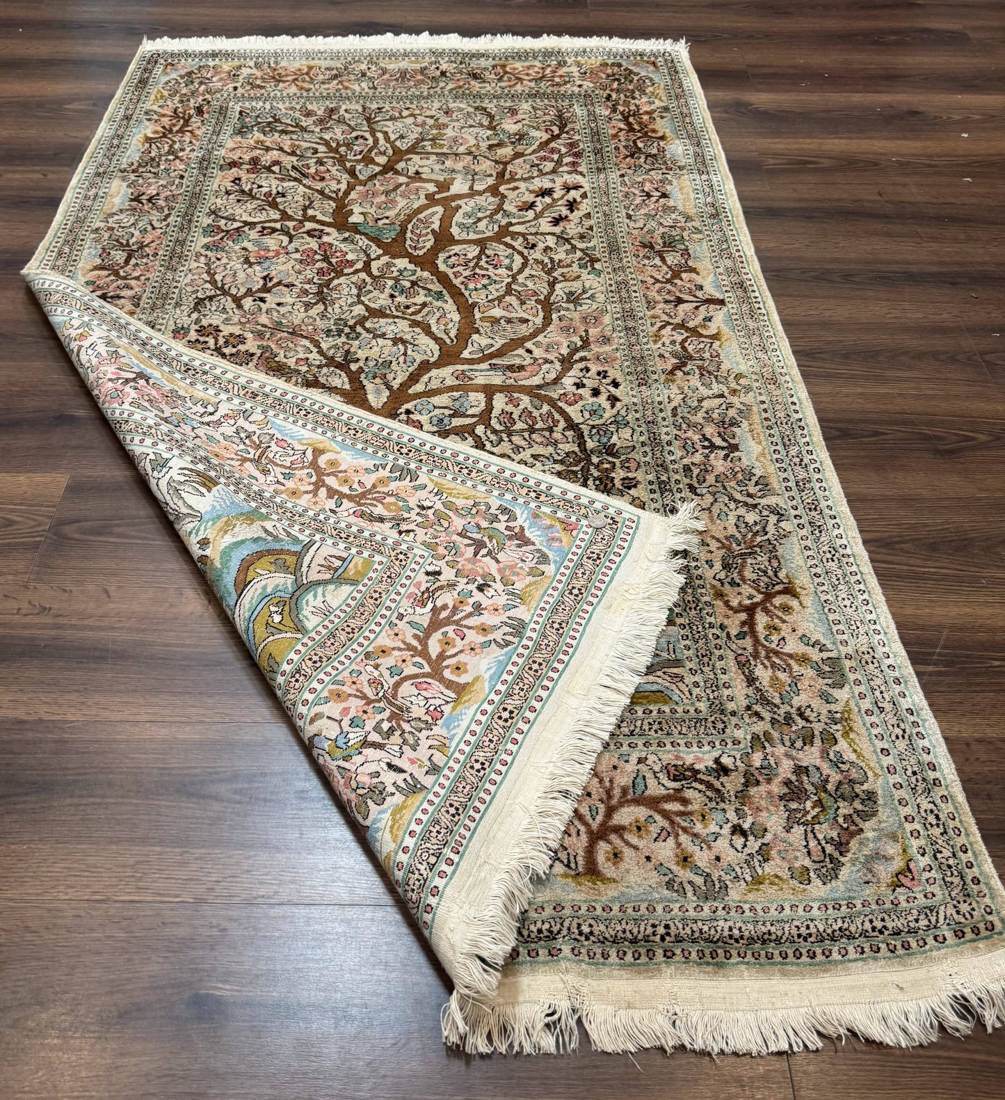 Indian Kashmiri Silk Rug 4x7, Tree of Life Design, Very Fine 380 KPSI, Birds