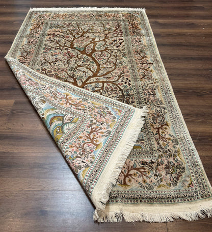 Indian Kashmiri Silk Rug 4x7, Tree of Life Design, Very Fine 380 KPSI, Birds