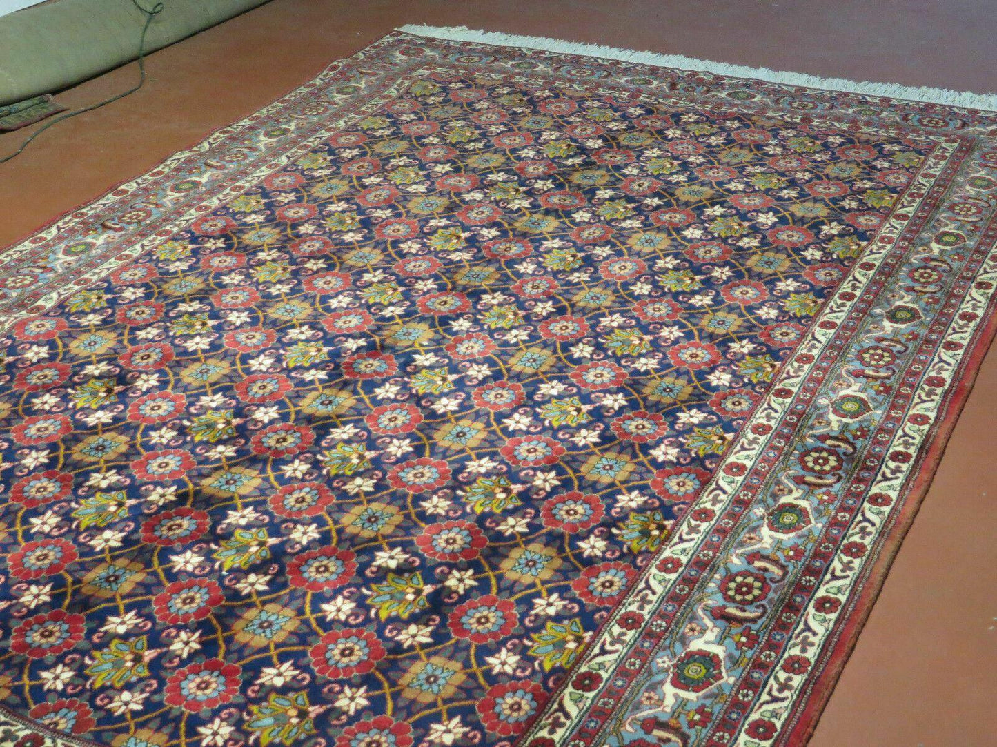 Navy Blue Antique Persian Rug 7x11, Veramin Mina Khani Repeated Allover Pattern, Vintage Authentic Hand Knotted Handmade Wool Room Sized Carpet