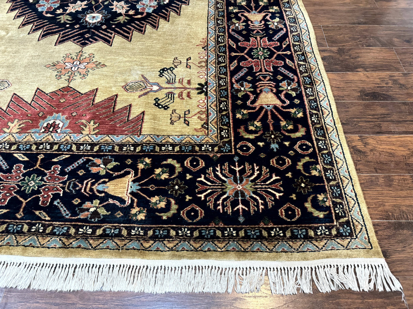 Indo Persian Heriz Rug 8x12 Hand Knotted Wool Decorative Vintage Area Rug Camel Hair Tan And Navy Blue