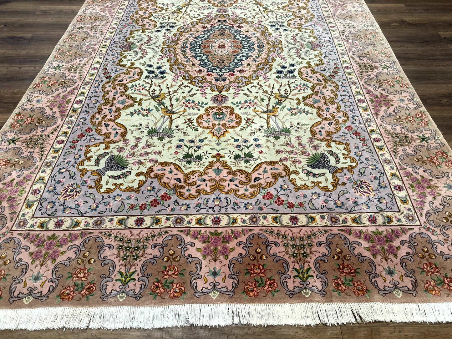 Persian Tabriz Rug 7x10 Very Fine 330 KPSI Kork Wool Silk Foundation With Bird Pictorials In Light Green Light Blue Pink