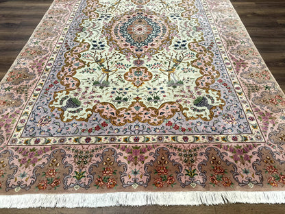 Persian Tabriz Rug 7x10 Very Fine 330 KPSI Kork Wool Silk Foundation With Bird Pictorials In Light Green Light Blue Pink
