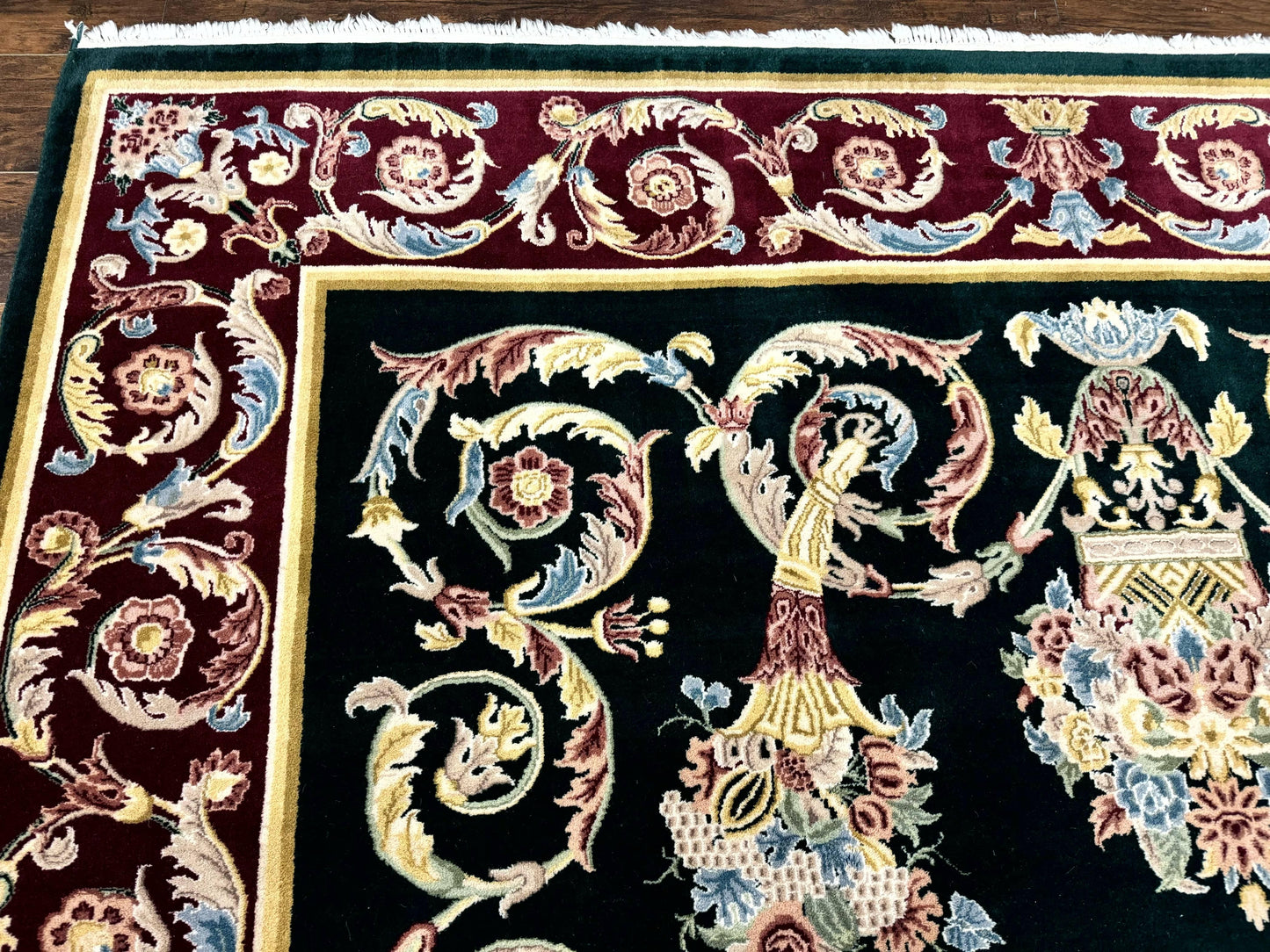 Aubusson Rug 9x12 Hand Knotted Wool Vintage European Design Dark Green Elegant Carpet