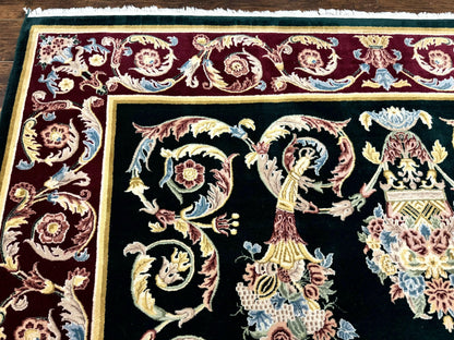 Aubusson Rug 9x12 Hand Knotted Wool Vintage European Design Dark Green Elegant Carpet