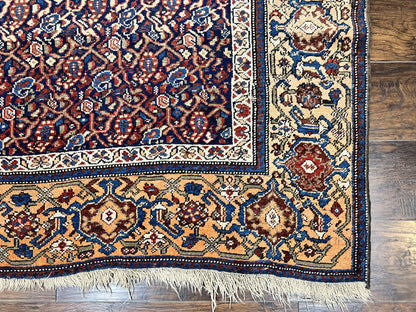 Persian Senneh Rug 4x8 Wool Hand Knotted Antique Kurdish Carpet Navy Blue Oriental Area Rug