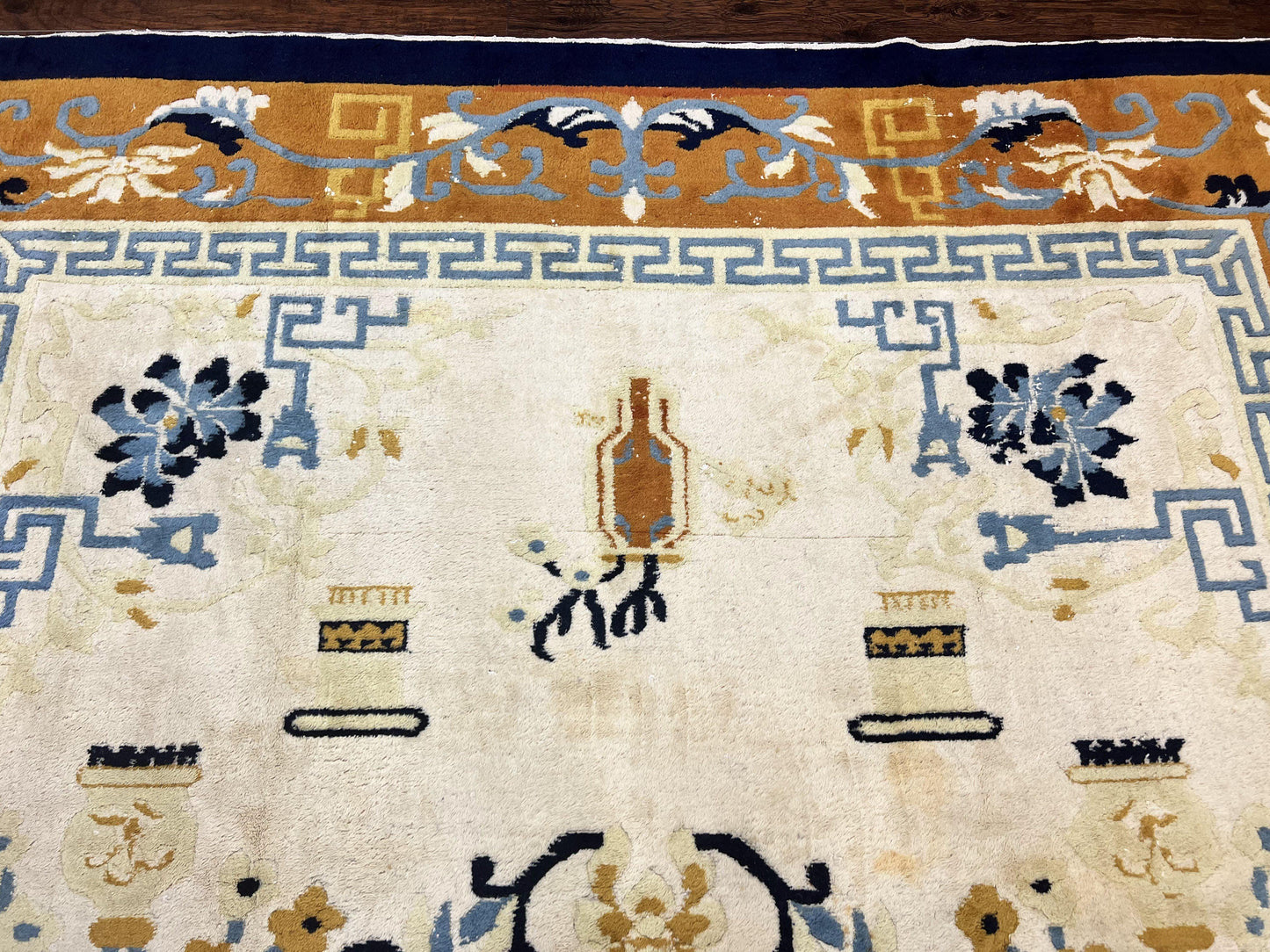 Indo Chinese Rug 9x12, Asian Oriental Carpet 9 x 12, Cream & Burnt Orange, Handmade Wool Vintage Art Deco Rug