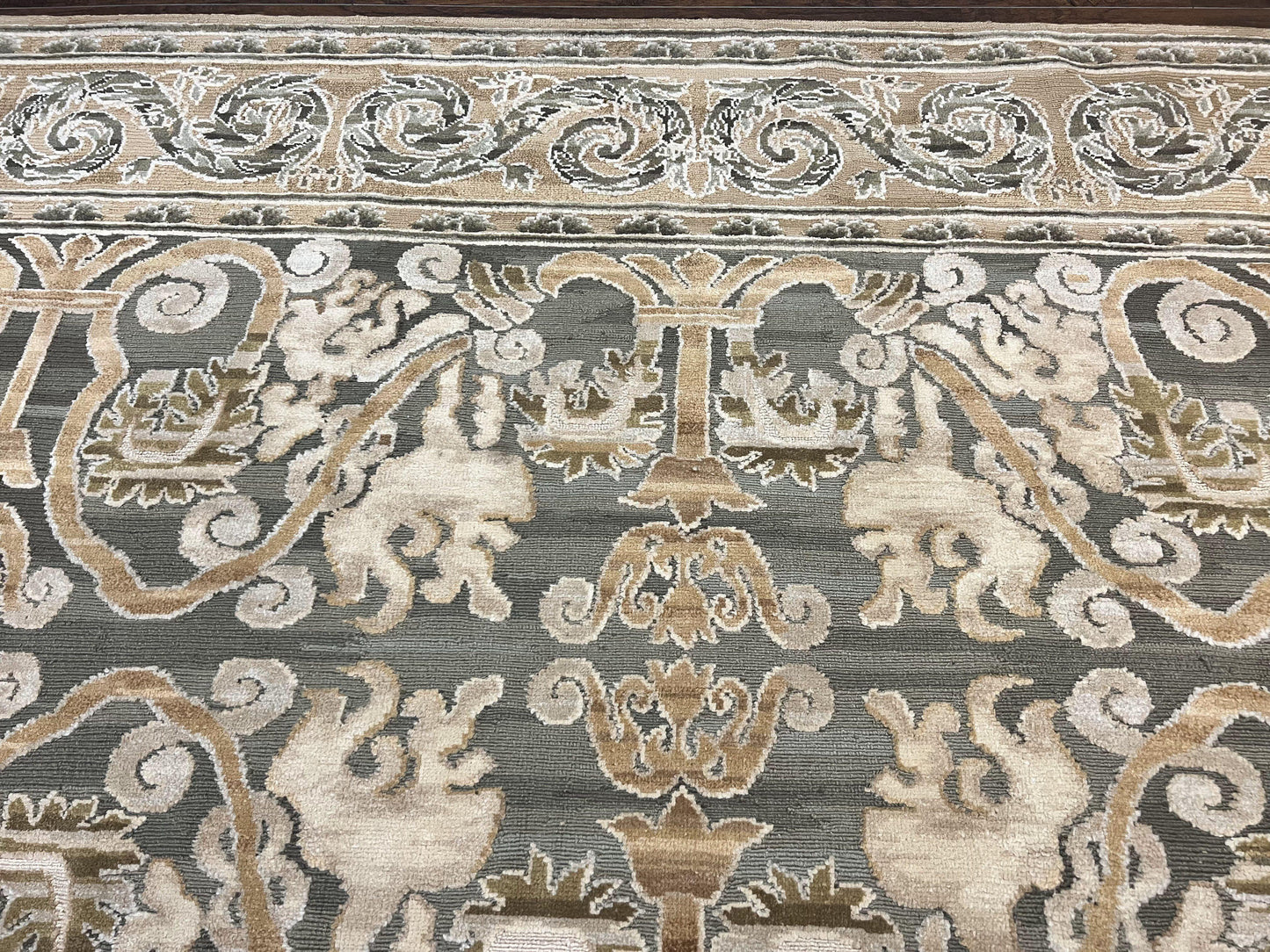 Spanish Wool Rug 11x14 Hand Knotted Vintage Floral Olive Green Beige European Design