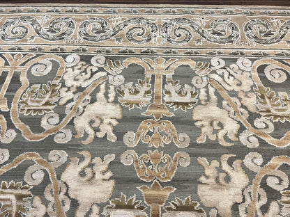 Spanish Wool Rug 11x14 Hand Knotted Vintage Floral Olive Green Beige European Design